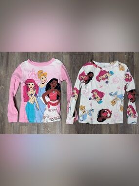 2 Disney Girls Long Sleeve Princess Pajama Tops in Pink and White